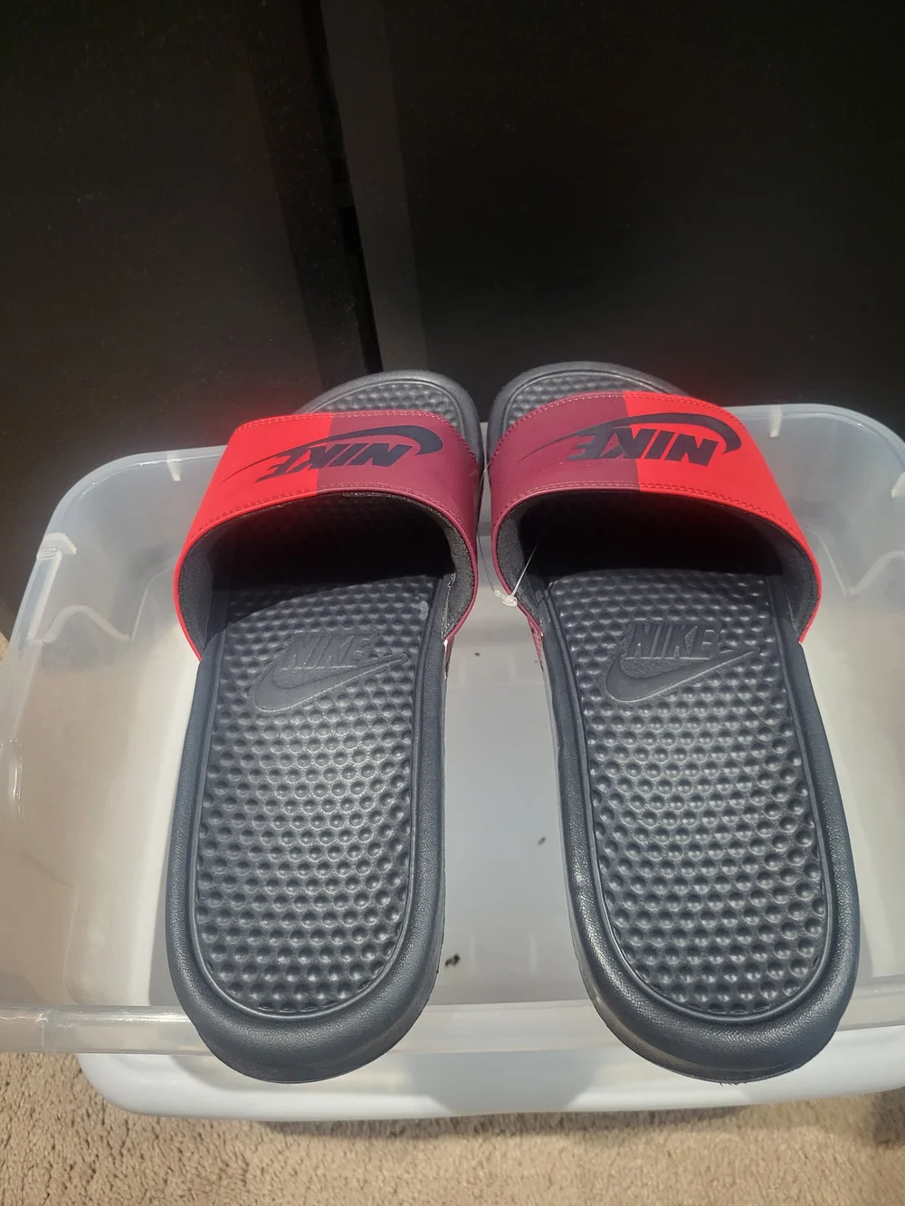 Men's Nike Benassi Jdi  Black Slide with Red Strap and Black Swoosh